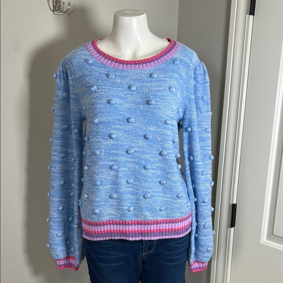 Lilly Pulitzer Verna Sweater Pom Pom Blue Pink Womens Crewneck Sz M - Picture 2 of 14